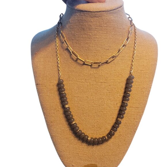 Meghan Browne Style Dot Gray Layered Look Bead & Chain Necklace - Picture 1 of 15